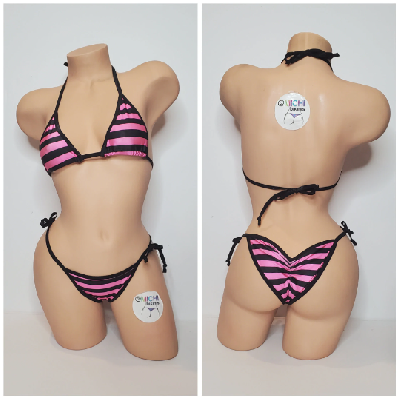 Black and Pink Striped with Black Trim 2 Piece Micro Bikini Set-3