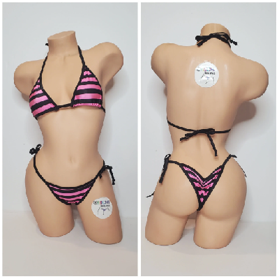 Black and Pink Striped with Black Trim 2 Piece Micro Bikini Set-4