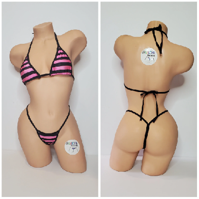 Black and Pink Striped with Black Trim 2 Piece Micro Bikini Set-6