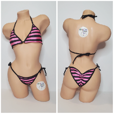 Black and Pink Striped with Black Trim 2 Piece Micro Bikini Set-7