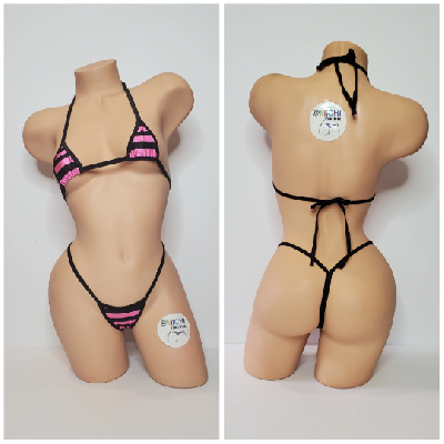 Black and Pink Striped with Black Trim 2 Piece Micro Bikini Set-8