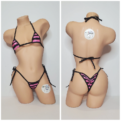 Black and Pink Striped with Black Trim 2 Piece Micro Bikini Set-10