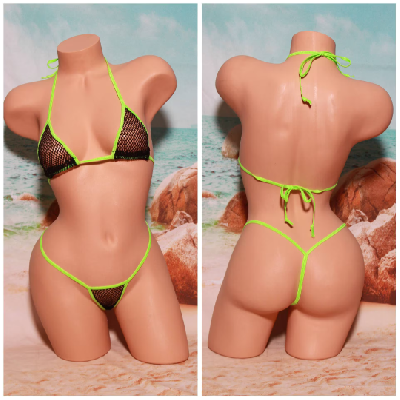 Black Small Hole Fishnet *VERY SHEER* with Your Choice Trim 2pc Bikini Set-5
