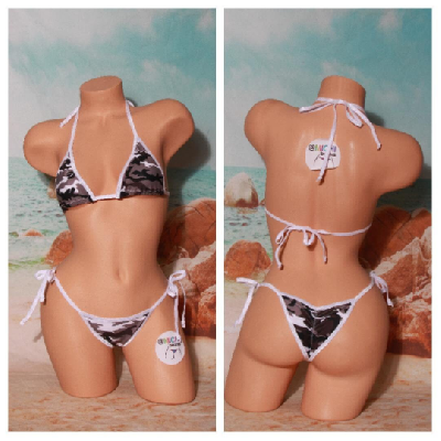 Black Grey & White Camouflage with White Trim 2 Piece Micro Bikini Set-4