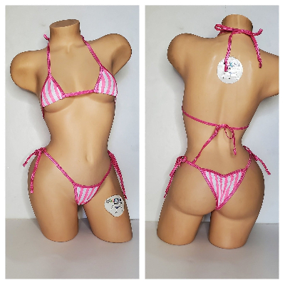 Vertical Pink and White Striped with Your Choice Trim Color 2 Piece Micro Bikini Set-1