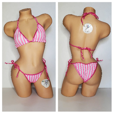 Vertical Pink and White Striped with Your Choice Trim Color 2 Piece Micro Bikini Set-2