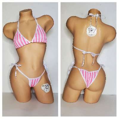 Vertical Pink and White Striped with Your Choice Trim Color 2 Piece Micro Bikini Set-3