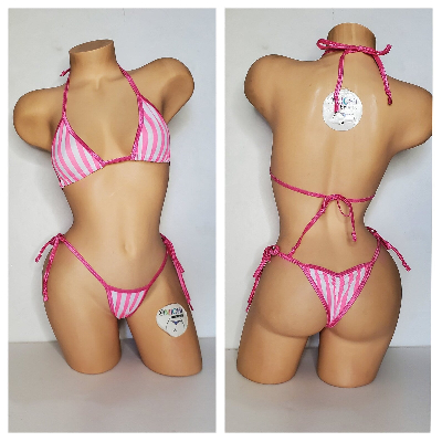 Vertical Pink and White Striped with Your Choice Trim Color 2 Piece Micro Bikini Set-4