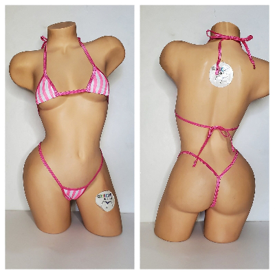 Vertical Pink and White Striped with Your Choice Trim Color 2 Piece Micro Bikini Set-5