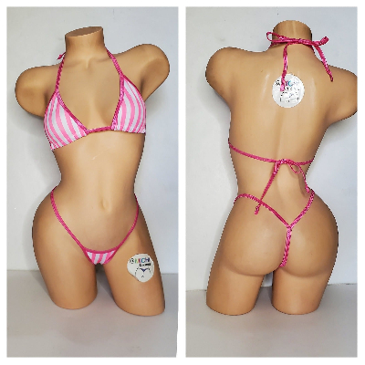 Vertical Pink and White Striped with Your Choice Trim Color 2 Piece Micro Bikini Set-6