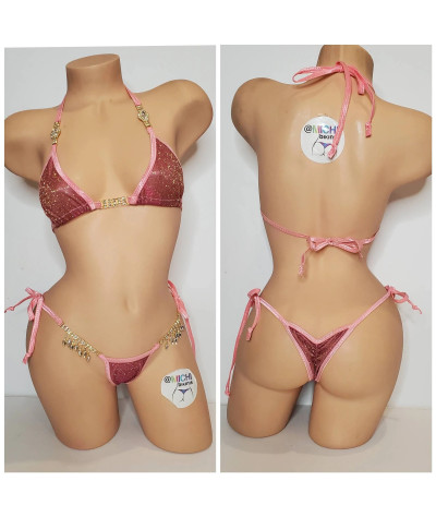 Glittery Rose Pink w/ Rhinestone w/ Baby Pink Trim 2 Piece Micro String Bikini Set One Size