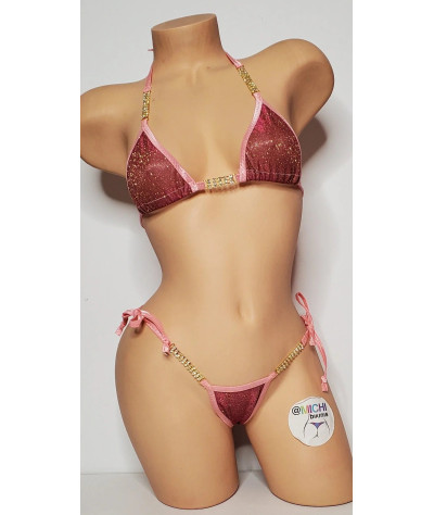 Glittery Rose Pink w/ Rhinestone w/ Baby Pink Trim 2 Piece Micro String Bikini Set One Size
