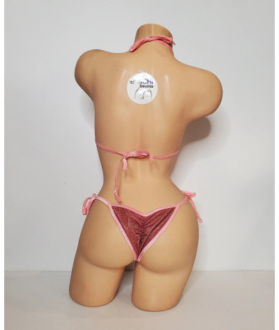 Glittery Rose Pink w/ Rhinestone w/ Baby Pink Trim 2 Piece Micro String Bikini Set One Size