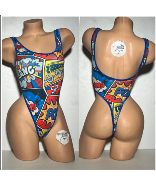 Multicolored Comic Onomatopoeia Action Words with Blue Trim 1 Piece Bodysuit Size SMALL