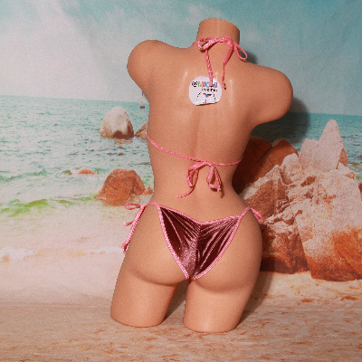 Rose Pink Velvet Stretch Fabric w Baby Pink Trim 2 Piece Micro String Bikini Set One Size-1