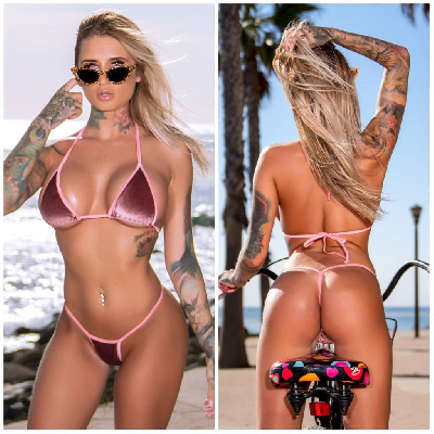 Rose Pink Velvet Stretch Fabric w Baby Pink Trim 2 Piece Micro String Bikini Set One Size-9