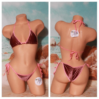 Rose Pink Velvet Stretch Fabric w Baby Pink Trim 2 Piece Micro String Bikini Set One Size-12