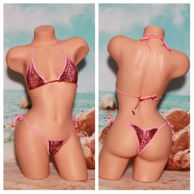 Pink and Brown Snake Skin Pattern w Baby Pink Trim  2 Piece Micro Bikini Set One Size-3