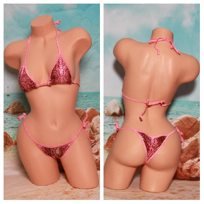 Pink and Brown Snake Skin Pattern w Baby Pink Trim  2 Piece Micro Bikini Set One Size-4