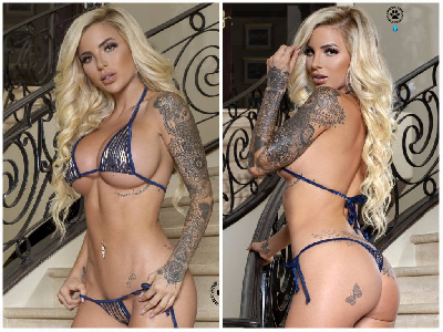 LIMITED EDITION Navy w Gold Stripes w Navy Trim Medium Coverage Top Medium Coverage Front Scrunch Butt Bottoms String Bikini Set
