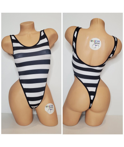 Black and White Vertical Stripes with Black Trim Referee 1 Piece Bodysuit Size SMALL