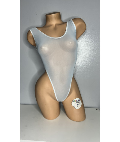 Baby Blue Mesh with White Trim ***VERY SHEER*** 1 Piece Bodysuit One Size SMALL
