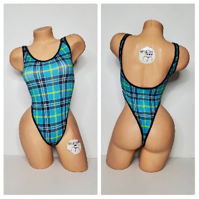 Teal Plaid Pattern with Black Trim 1 Piece Bodysuit Size SMALL-3