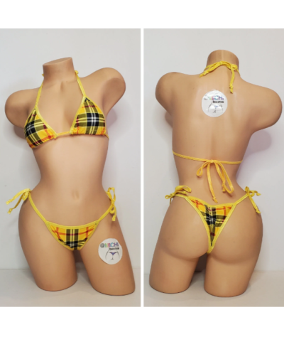 Yellow & Red Plaid with Your Choice Trim Color 2 Piece Micro String Bikini Set One Size