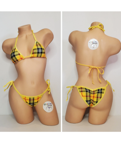 Yellow & Red Plaid with Your Choice Trim Color 2 Piece Micro String Bikini Set One Size