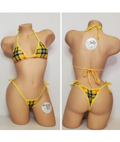 Yellow & Red Plaid with Your Choice Trim Color 2 Piece Micro String Bikini Set One Size