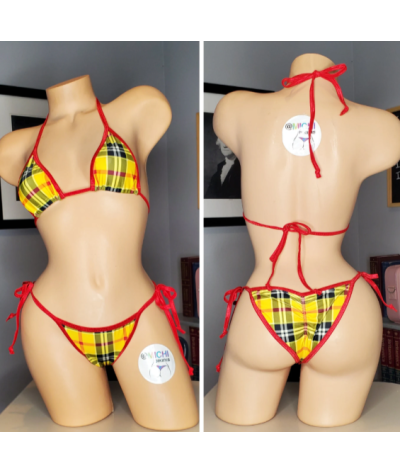 Yellow & Red Plaid with Your Choice Trim Color 2 Piece Micro String Bikini Set One Size