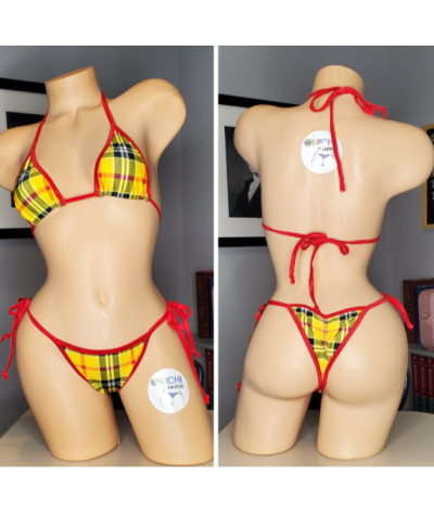 Yellow & Red Plaid with Your Choice Trim Color 2 Piece Micro String Bikini Set One Size