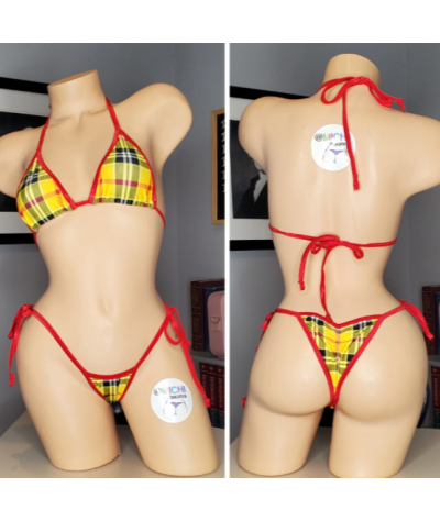 Yellow & Red Plaid with Your Choice Trim Color 2 Piece Micro String Bikini Set One Size