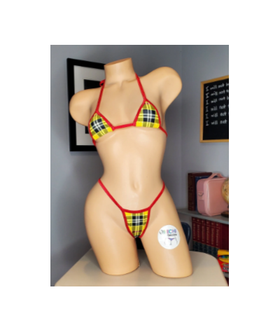 Yellow & Red Plaid with Your Choice Trim Color 2 Piece Micro String Bikini Set One Size