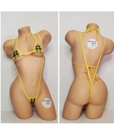 Yellow & Red Plaid with Your Choice Trim Color 2 Piece Micro String Bikini Set One Size