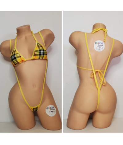Yellow & Red Plaid with Your Choice Trim Color 2 Piece Micro String Bikini Set One Size