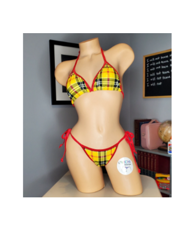 Yellow & Red Plaid with Your Choice Trim Color 2 Piece Micro String Bikini Set One Size
