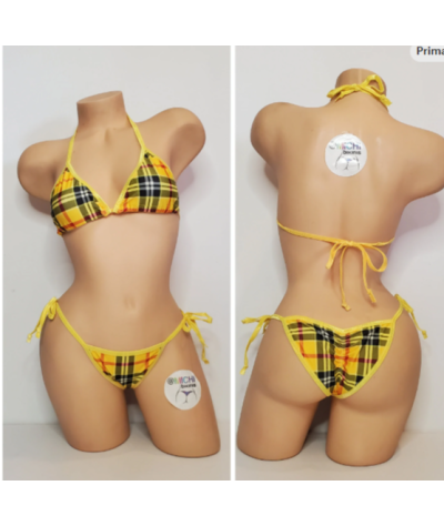 Yellow & Red Plaid with Your Choice Trim Color 2 Piece Micro String Bikini Set One Size
