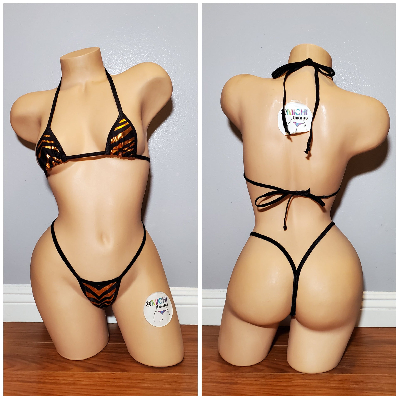 Gold and Black Tiger Stripes Print Micro String Bikini Set-0