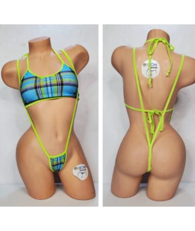 Sky Blue & Neon Green Plaid with Neon Green Trim  2 Piece Micro Bikini Set