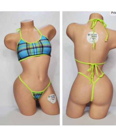 Sky Blue & Neon Green Plaid with Neon Green Trim  2 Piece Micro Bikini Set