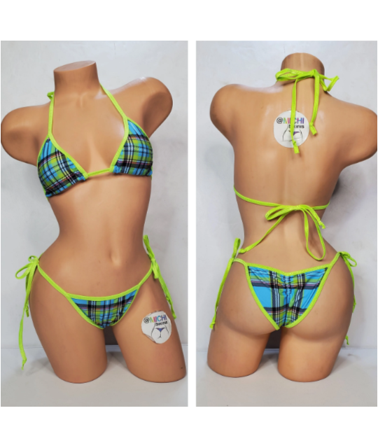 Sky Blue & Neon Green Plaid with Neon Green Trim  2 Piece Micro Bikini Set