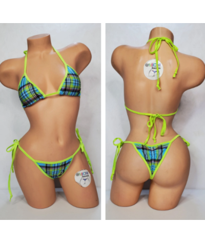 Sky Blue & Neon Green Plaid with Neon Green Trim  2 Piece Micro Bikini Set