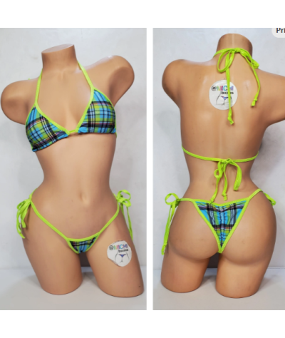 Sky Blue & Neon Green Plaid with Neon Green Trim  2 Piece Micro Bikini Set