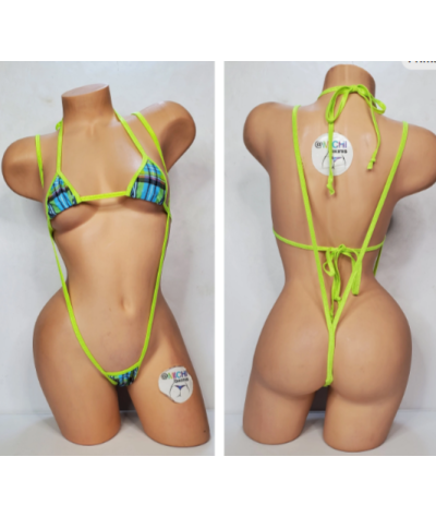 Sky Blue & Neon Green Plaid with Neon Green Trim  2 Piece Micro Bikini Set
