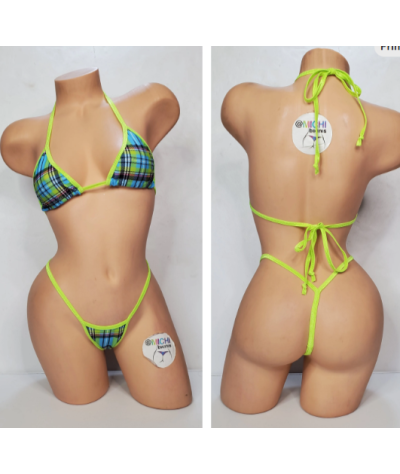 Sky Blue & Neon Green Plaid with Neon Green Trim  2 Piece Micro Bikini Set
