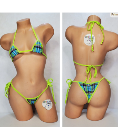 Sky Blue & Neon Green Plaid with Neon Green Trim  2 Piece Micro Bikini Set