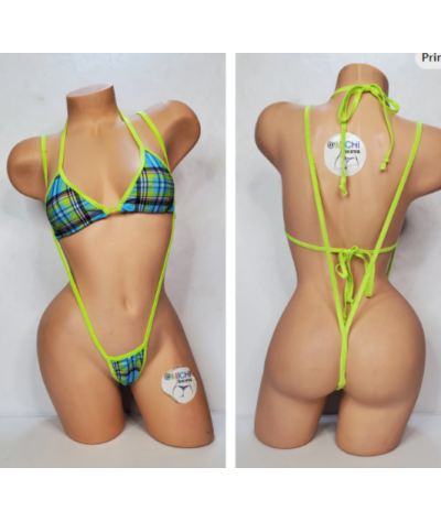 Sky Blue & Neon Green Plaid with Neon Green Trim  2 Piece Micro Bikini Set