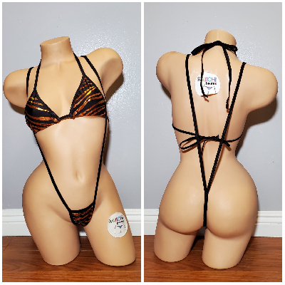 Gold and Black Tiger Stripes Print Micro String Bikini Set-4