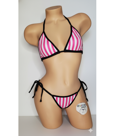 Vertical Pink and White Striped with Your Choice Trim Color 2 Piece Micro Bikini Set